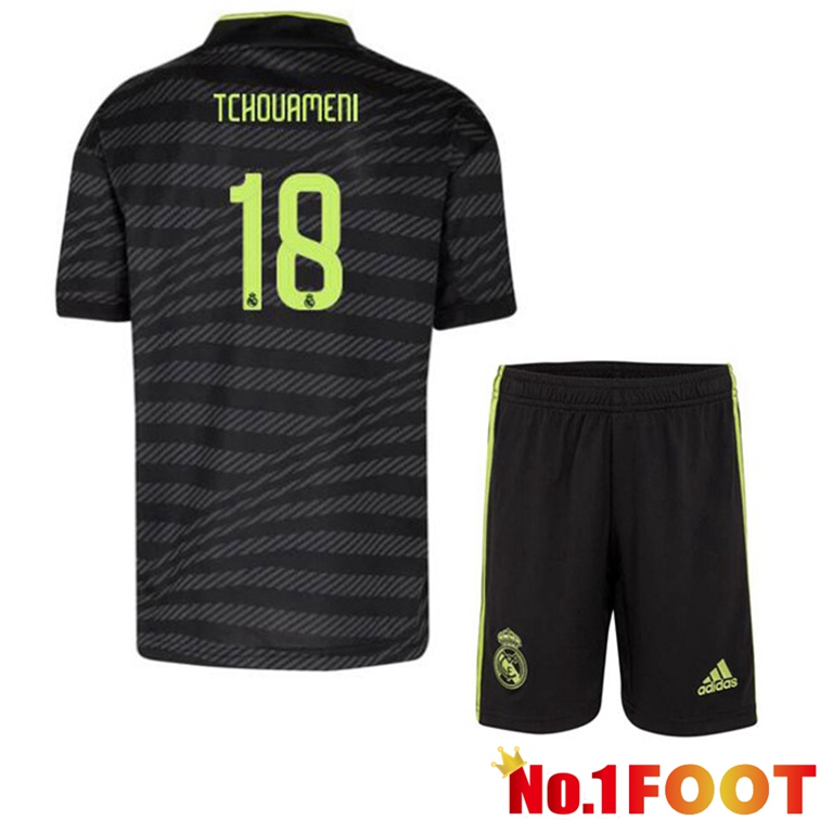Real Madrid (Tchouameni 18) Kids Football Jerseys Third Black 2022-2023