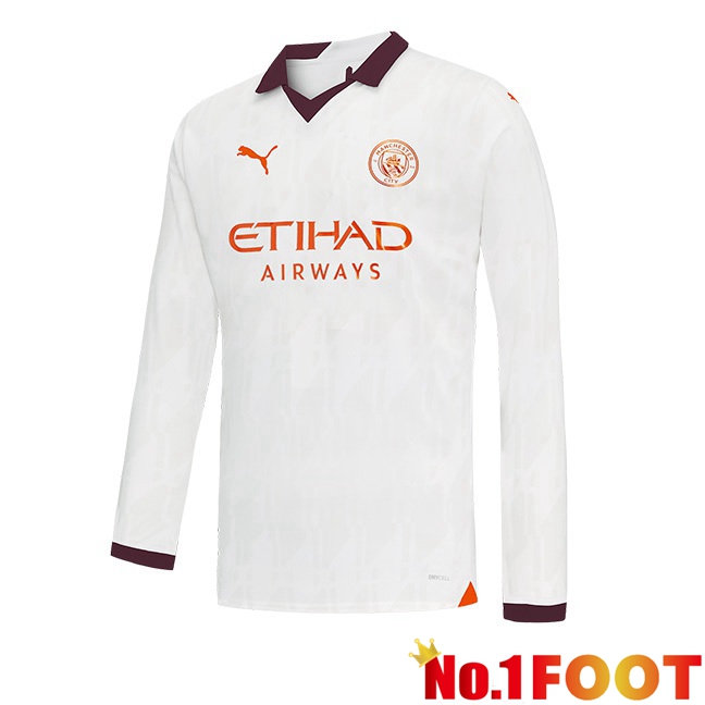 Manchester City Away Football Jersey Long sleeve White 2023/2024