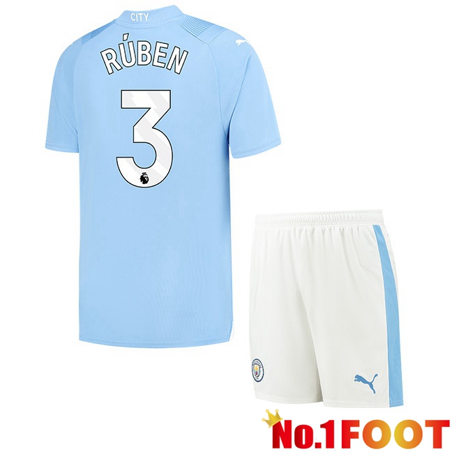 Manchester City (Ruben Dias 3) Kids Home Football Jersey Blue 2023/2024