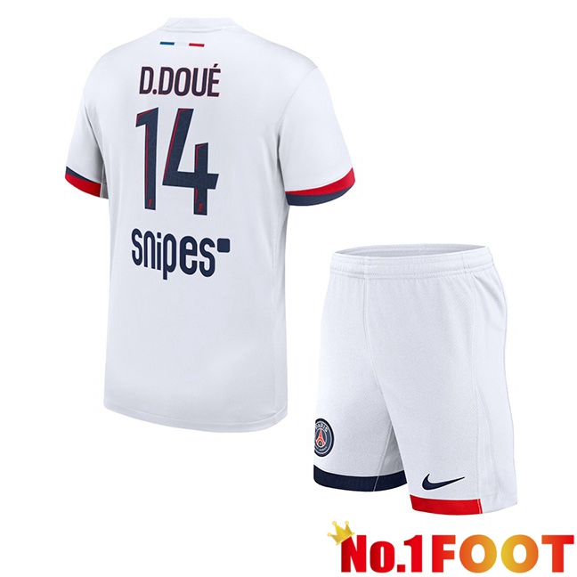 Paris PSG (D. Doué 14) Kids Away Soccer Jersey White 2025/2026