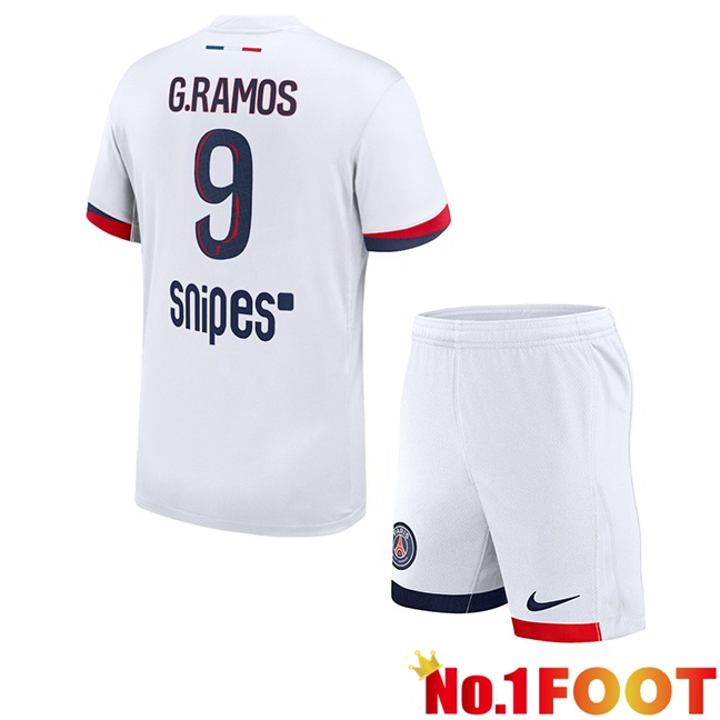 Paris PSG (G. Ramos 9) Kids Away Soccer Jersey White 2025/2026