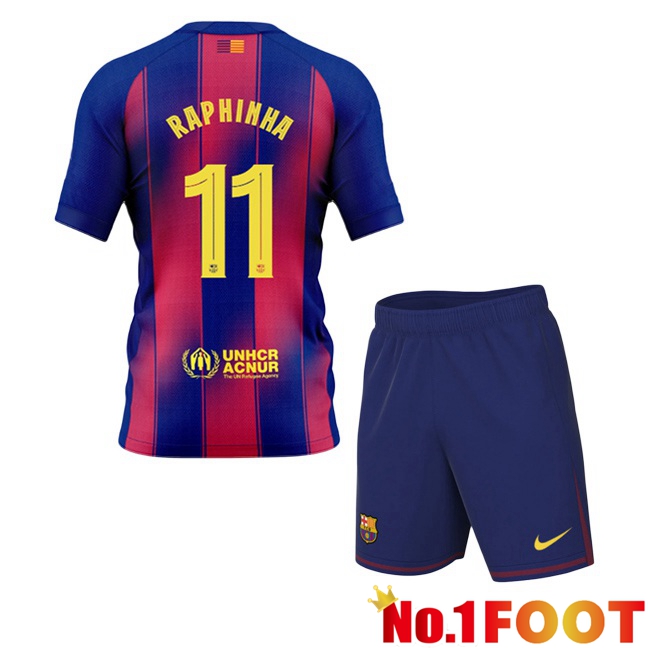 FC Barcelona (RAPHINHA 11) Kids Home Soccer Jersey Blue Red 2025/2026