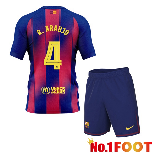 FC Barcelona (R. ARAUJO 4) Kids Home Soccer Jersey Blue Red 2025/2026