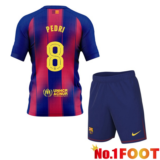 FC Barcelona (PEDRI 8) Kids Home Soccer Jersey Blue Red 2025/2026