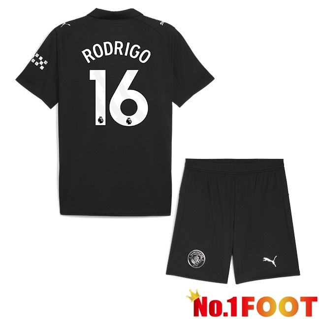 Manchester City (Rodrigo 16) Kids Away Soccer Jersey Black 2025/2026