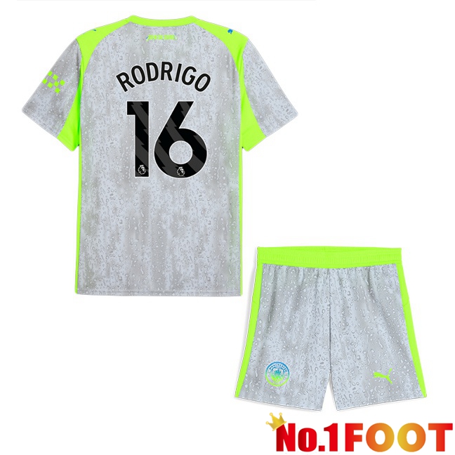 Manchester City (Rodrigo 16) Kids Third Soccer Jersey Grey Green 2025/2026