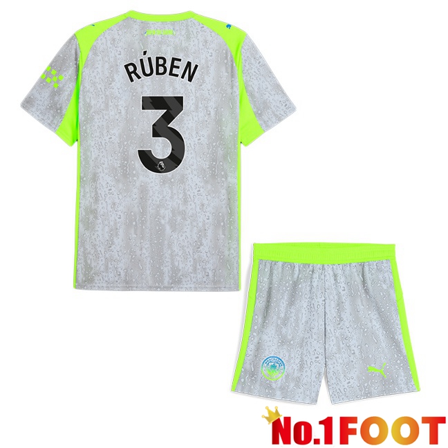 Manchester City (Ruben Dias 3) Kids Third Soccer Jersey Grey Green 2025/2026