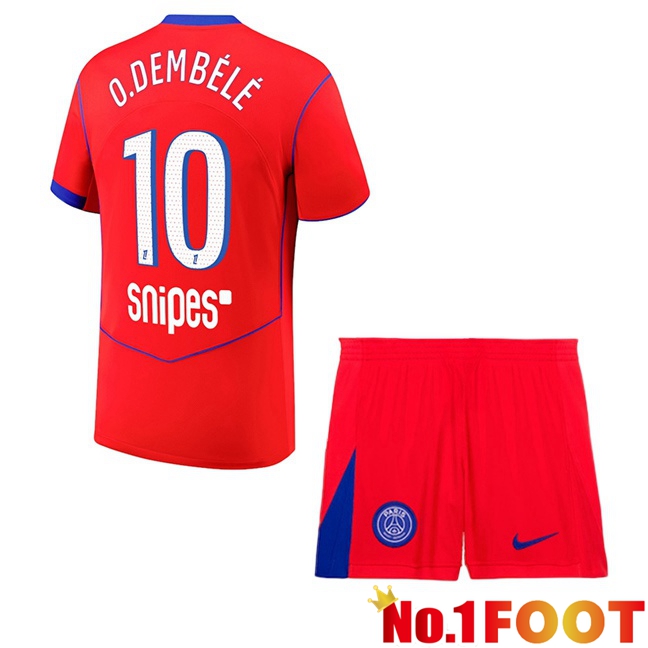 Paris PSG (O. Dembélé 10) Kids Third Soccer Jersey Red 2025/2026