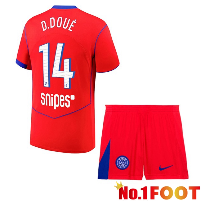 Paris PSG (D. Doué 14) Kids Third Soccer Jersey Red 2025/2026