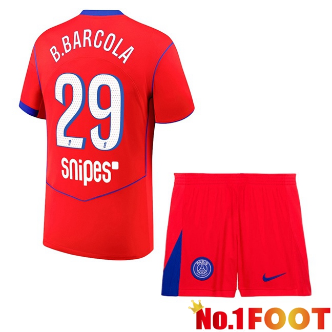 Paris PSG (B.Barcola 29) Kids Third Soccer Jersey Red 2025/2026