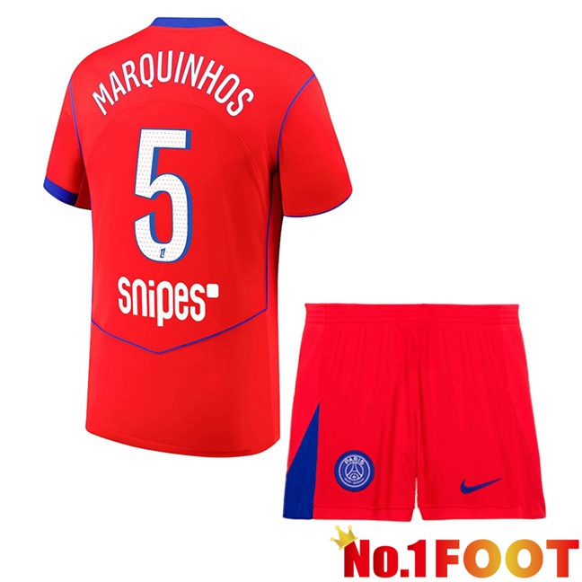 Paris PSG (Marquinhos 5) Kids Third Soccer Jersey Red 2025/2026