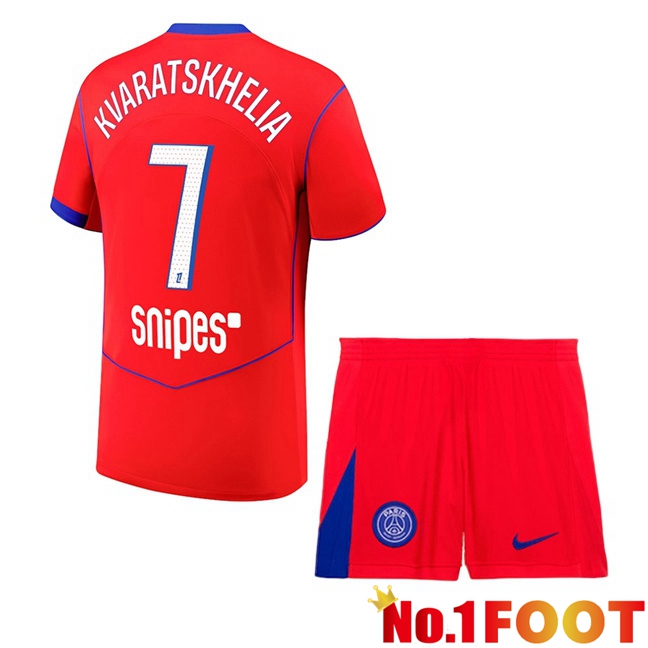Paris PSG (Kvaratskhelia 7) Kids Third Soccer Jersey Red 2025/2026