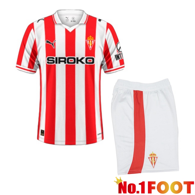 Sporting Gijon Kids Home Soccer Jersey Red White 2025/2026