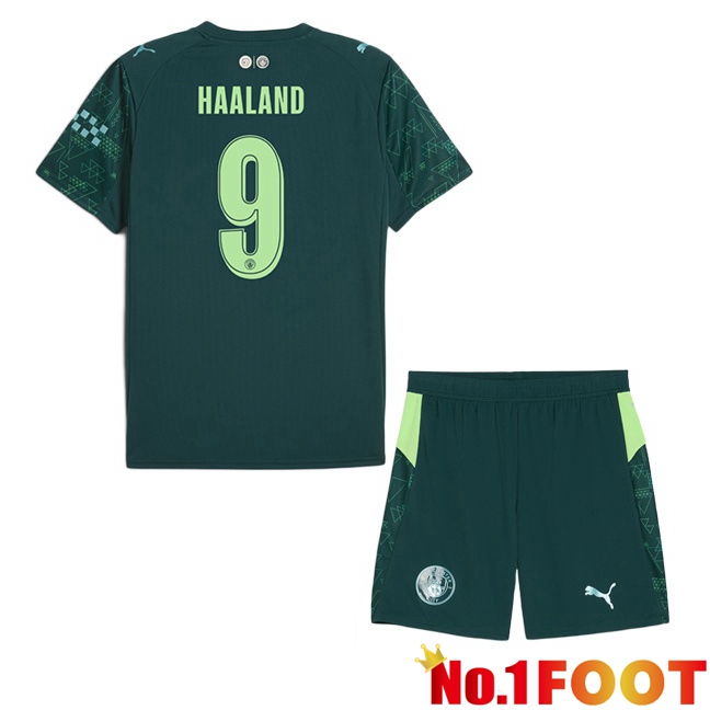 Manchester City (Erling Haaland 9) Kids Fourth Soccer Jersey Green 2025/2026
