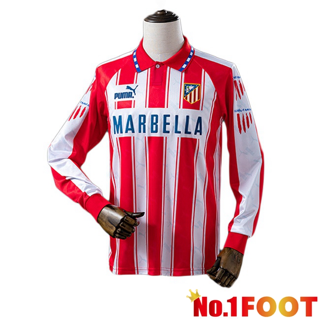 Atletico Madrid Retro Home Soccer Jersey Long sleeve Red White 1994-1995