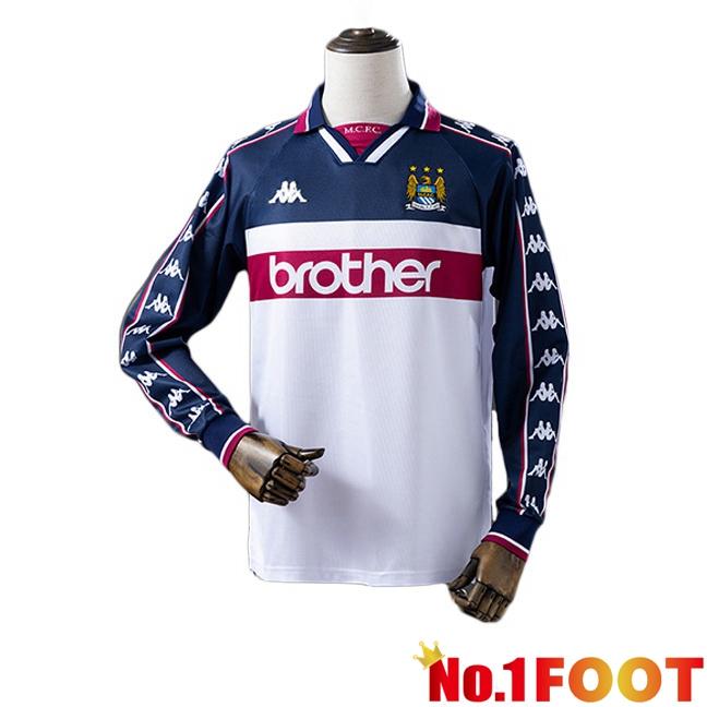 Manchester City Retro Away Soccer Jersey Long sleeve White Blue Royal 1997-1998