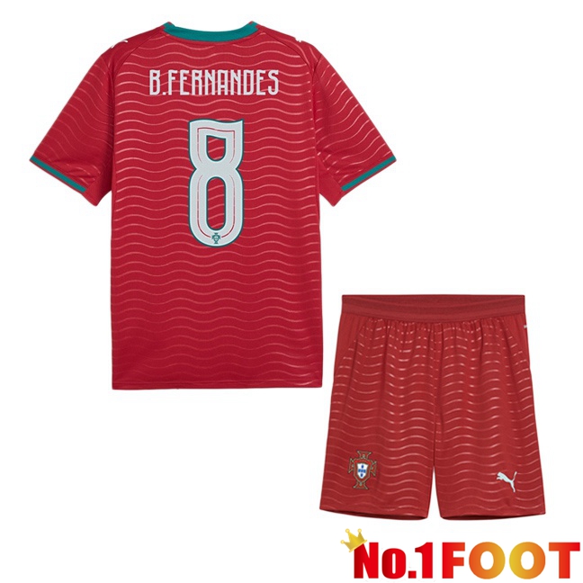 Portugal (B. FERNANDES 8) Kids Home Soccer Jersey Red 2026/2027
