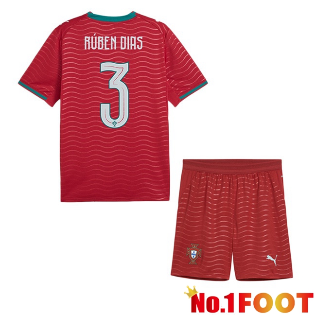Portugal (Rúben Dias 3) Kids Home Soccer Jersey Red 2026/2027