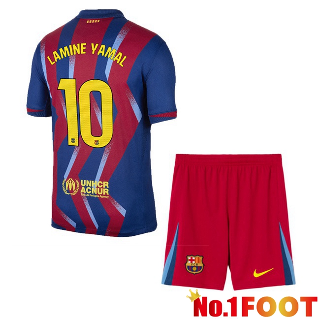 FC Barcelona (LAMINE YAMAL 10) Kids Fourth Soccer Jersey Blue Red 2025/2026