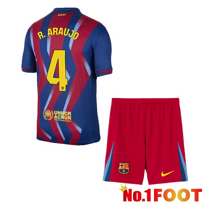 FC Barcelona (R. ARAUJO 4) Kids Fourth Soccer Jersey Blue Red 2025/2026