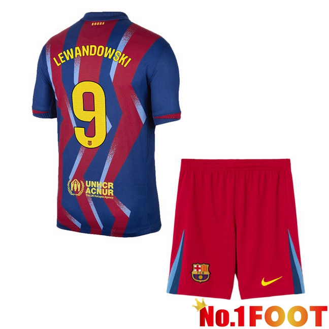 FC Barcelona (LEWANDOWSKI 9) Kids Fourth Soccer Jersey Blue Red 2025/2026
