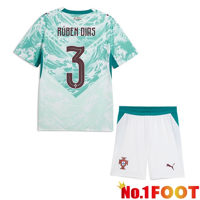 Portugal (Rúben Dias 3) Kids Away Soccer Jersey Green White 2026/2027