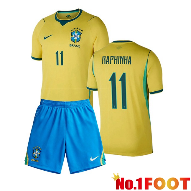 Brazil (RAPHINHA 11) Kids Home Soccer Jersey Yellow 2026/2027