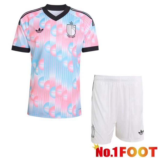 Belgium Kids Away Soccer Jersey Pink Blue World Cup 2026