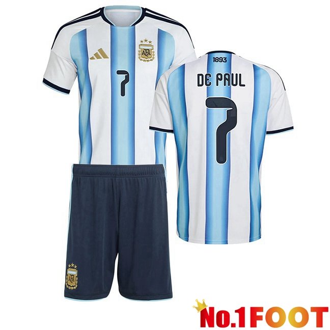 Argentina (DE PAUL 7) Kids Home Soccer Jersey Blue White World Cup 2026
