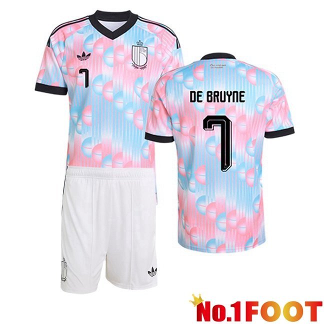 Belgium (DE BRUYNE 7) Kids Away Soccer Jersey Pink Blue World Cup 2026