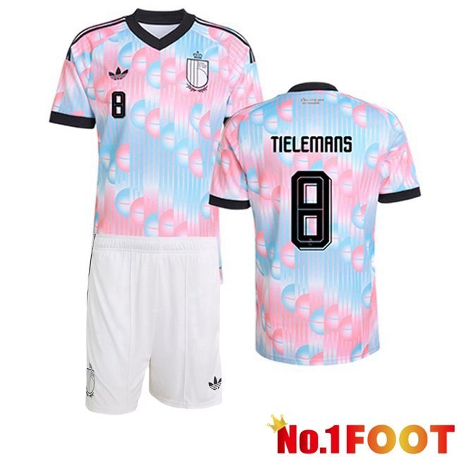 Belgium (TIELEMANS 8) Kids Away Soccer Jersey Pink Blue World Cup 2026