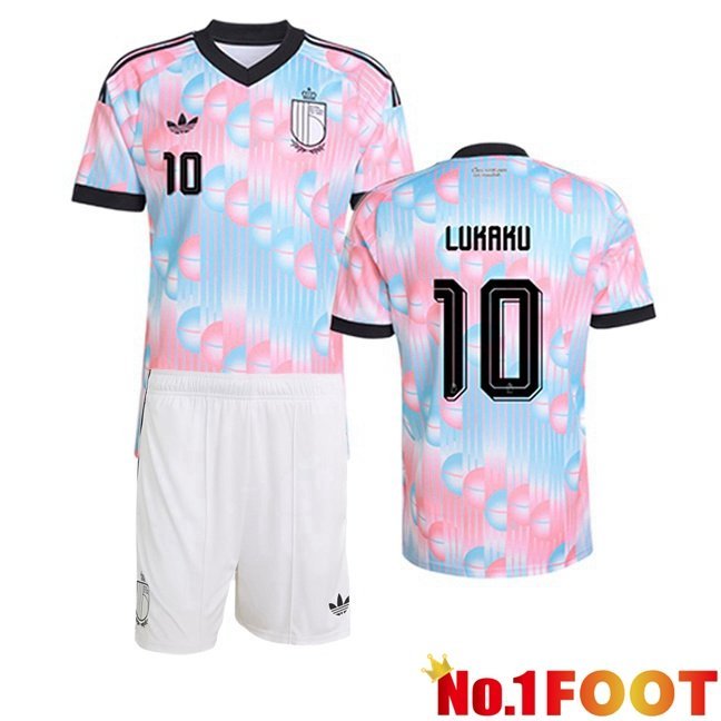 Belgium (LUKAKU 10) Kids Away Soccer Jersey Pink Blue World Cup 2026