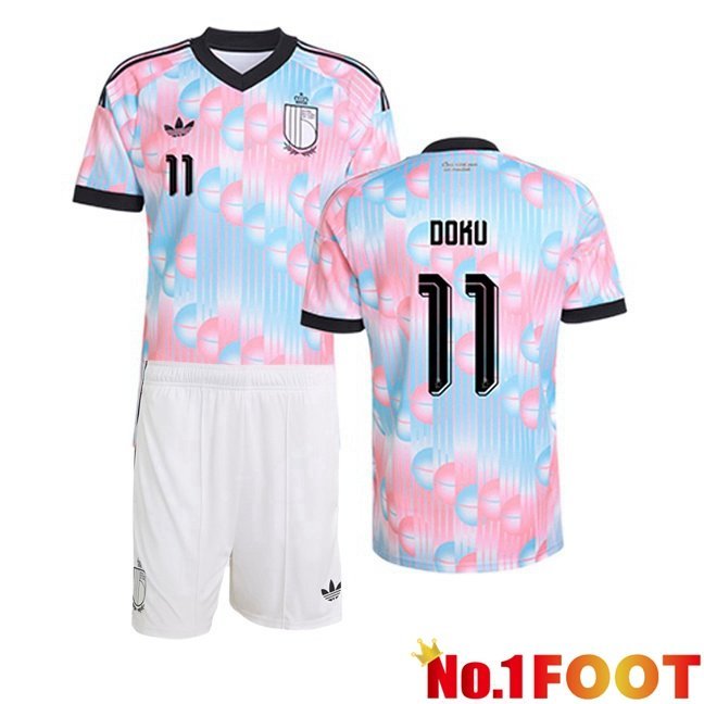 Belgium (DOKU 11) Kids Away Soccer Jersey Pink Blue World Cup 2026