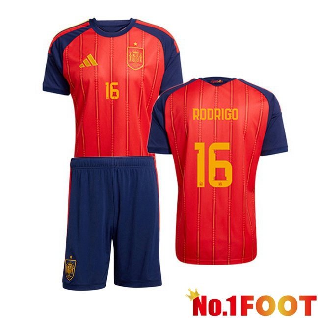 Spain (RODRIGO 16) Kids Home Soccer Jersey Red World Cup 2026