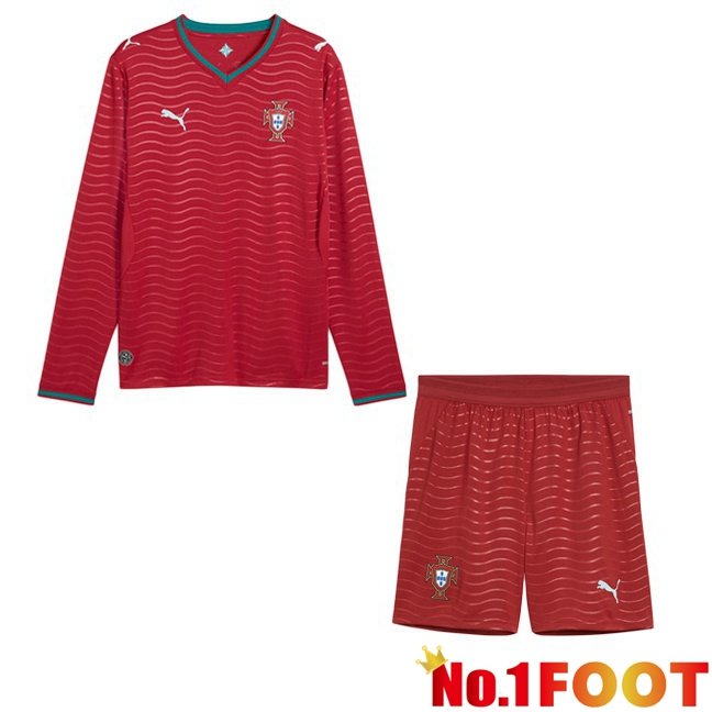 Portugal Kids Home Soccer Jersey Long sleeve Red World Cup 2026