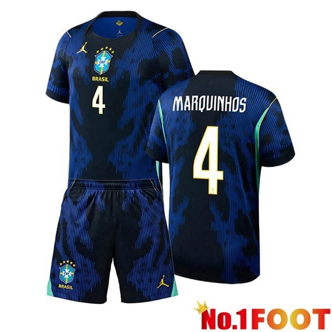 Brazil (MARQUINHOS 4) Kids Away Soccer Jersey Blue Royal World Cup 2026