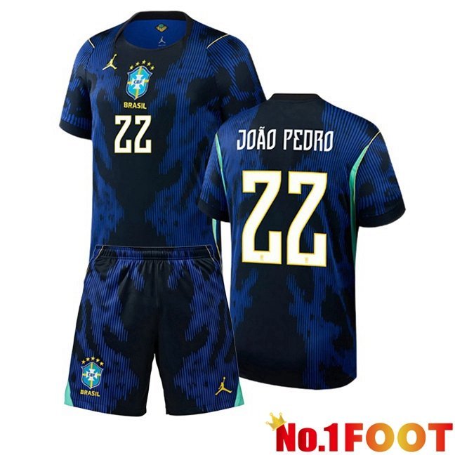 Brazil (JOAO PEDRO 22) Kids Away Soccer Jersey Blue Royal World Cup 2026