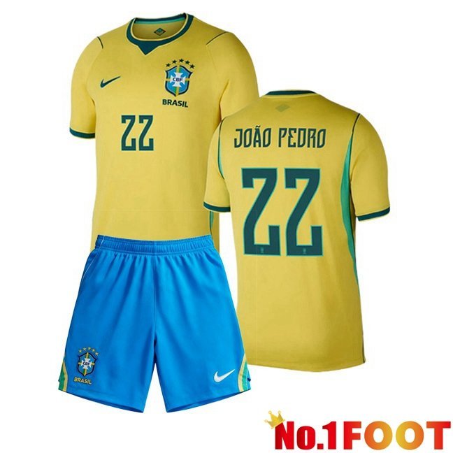 Brazil (JOAO PEDRO 22) Kids Home Soccer Jersey Yellow World Cup 2026