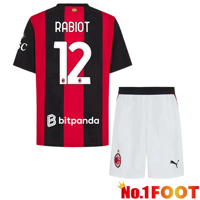 AC Milan (Rabiot 12) Kids Home Soccer Jersey Red Black 2026/2027