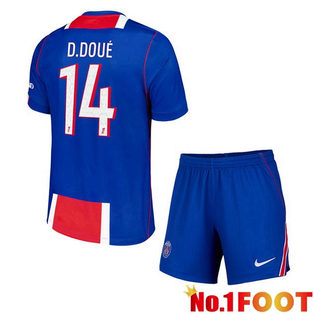 Paris PSG (D.Doué 14) Kids Home Soccer Jersey Blue Red 2026/2027