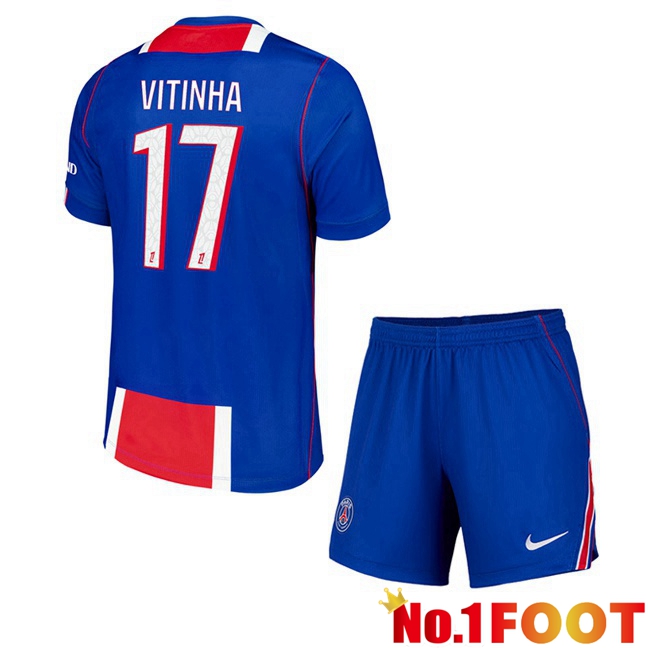 Paris PSG (Vitinha 17) Kids Home Soccer Jersey Blue Red 2026/2027