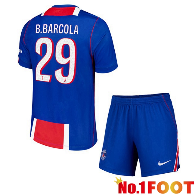 Paris PSG (B.Barcola 29) Kids Home Soccer Jersey Blue Red 2026/2027