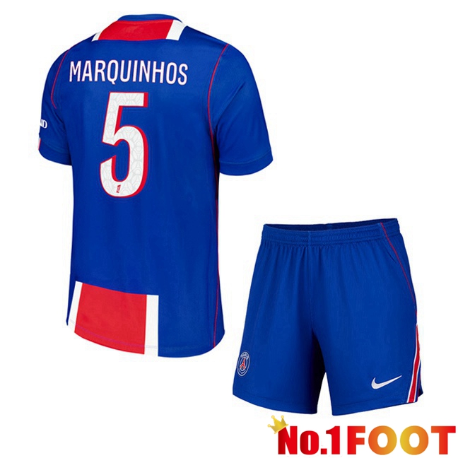 Paris PSG (Marquinhos 5) Kids Home Soccer Jersey Blue Red 2026/2027