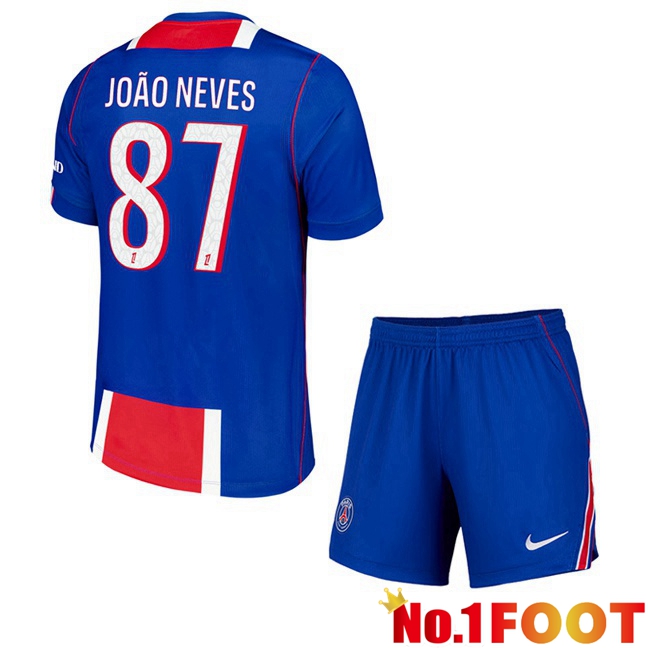 Paris PSG (João Neves 87) Kids Home Soccer Jersey Blue Red 2026/2027