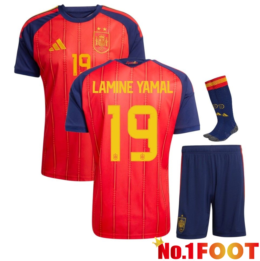 2 Stars Spain Kids Home Soccer Jersey (Lamine Yamal 19) Red 2026/2027