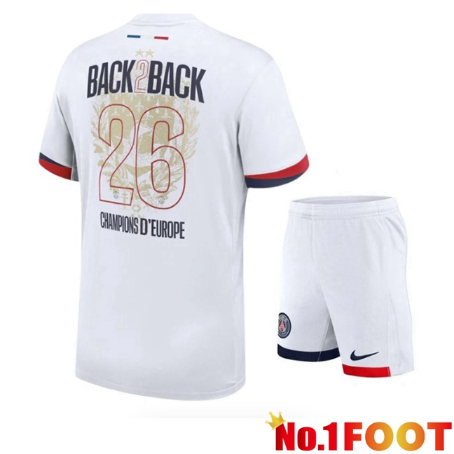 2 Stars Paris PSG Kids Away Soccer Jersey CHAMPIONS D'EUROPE White 2025/2026