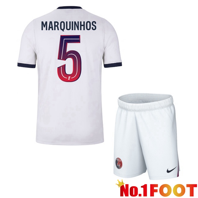 Paris PSG (Marquinhos 5) Kids Away Soccer Jersey White 2026/2027