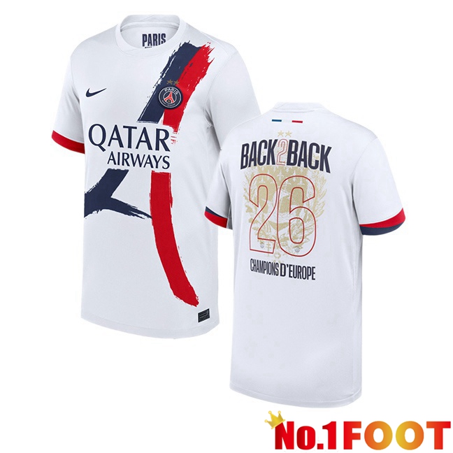 2 Stars Paris PSG Away Soccer Jersey CHAMPIONS D'EUROPE White 2025/2026