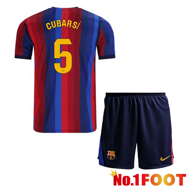 FC Barcelona (Pau Cubarsi 5) Kids Home Soccer Jersey Blue Red 2026/2027
