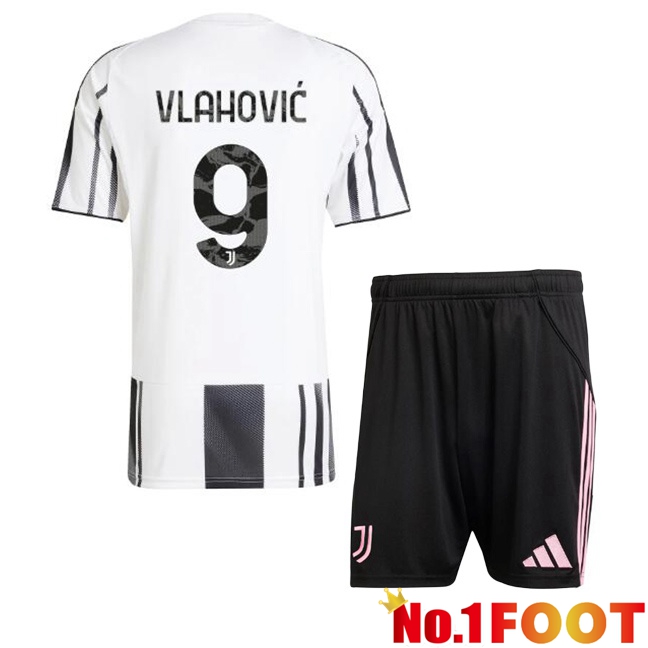 Juventus (VLAHOVIĆ 9) Kids Home Soccer Jersey Black White 2025/2026